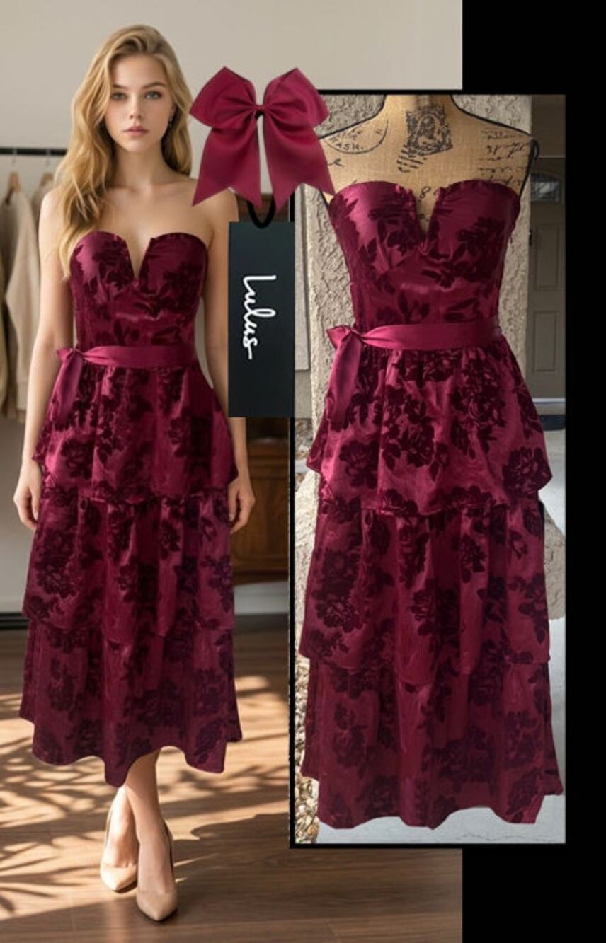 Lulus Dorina Burgundy Padded Cups Shadow Strapless Tiered Midi Dress Size L